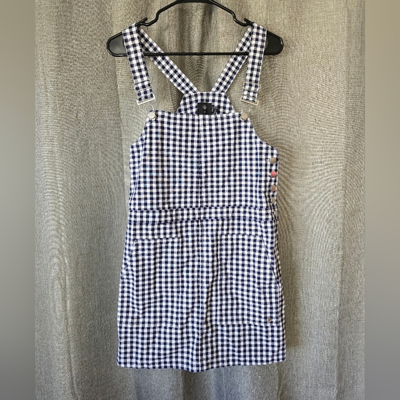 Volcom Georgia May Jagger Mini Overall Dress Gingham Blue Check Jumper Sz S - Picture 1 of 5